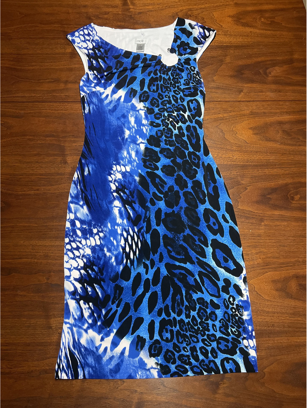 VTG Caché Blue Leopard Asymmetrical Keyhole Sheath Dress 2